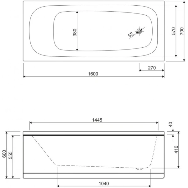 акриловая ванна cezares eco 160х70 eco-160-70-41-w37 без гидромассажа