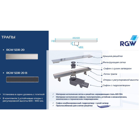 душевой лоток rgw sdr-20b 47212080-04 с черной решеткой