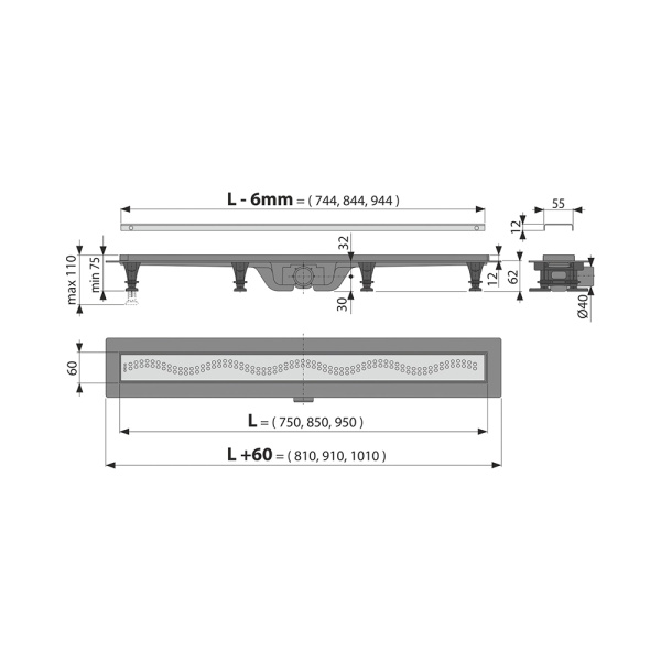 душевой лоток alcaplast apz8-simple 850m с решеткой и опорами