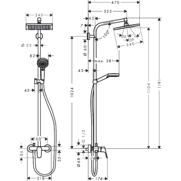 душевая система hansgrohe crometta e 240 1jet showerpipe 27284000