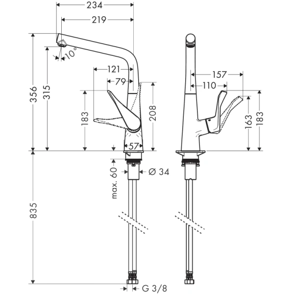 смеситель для кухни hansgrohe metris m71 14823000, хром