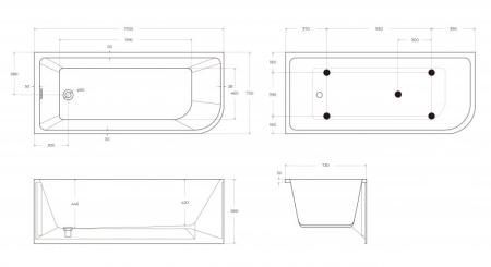 ванна акриловая угловая belbagno bb712-1500-730-r