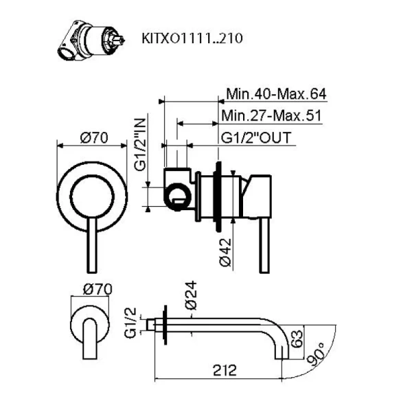 смеситель для раковины plumberia selection ixo kitxo1135cs210 встраиваемый, без донного клапана, матовый хром