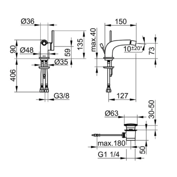 смеситель keuco edition 400 51509010000 для биде, с донным клапаном, хром