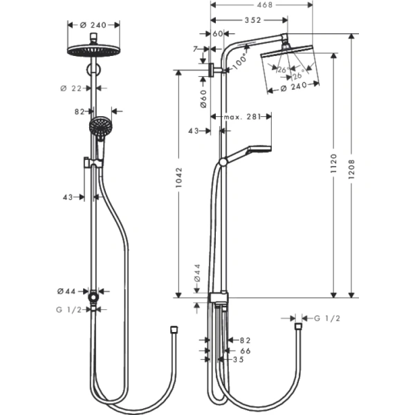 душевая стойка hansgrohe crometta s 240 1jet showerpipe reno 27270000