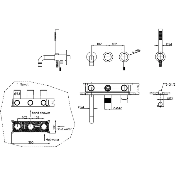 смеситель для ванны boheme uno 464-3-brb встраиваемый, с душевым гарнитуром, бронза матовая