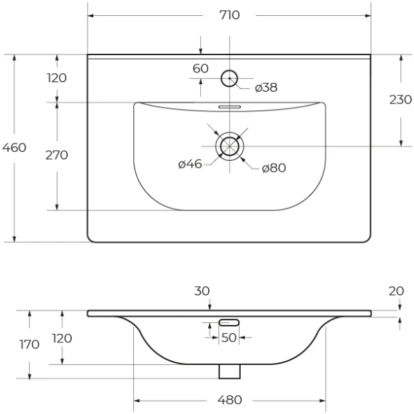 раковина cezares molveno czr-8099-70 71x46 см, накладная, белый