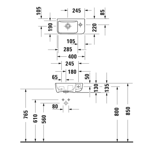 duravit me by starck раковина 400х220мм без перелива с 1 отв. под смеситель справа. цвет белый