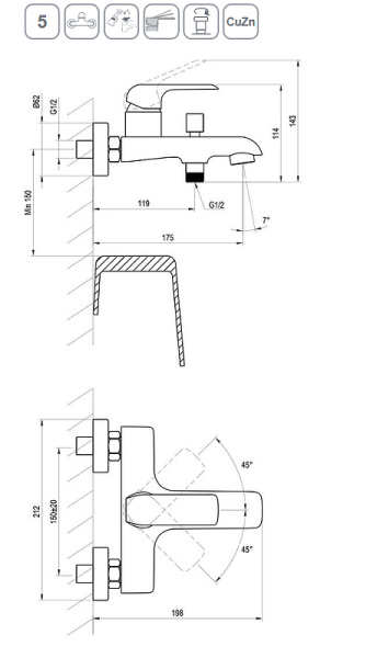 смеситель для ванны ravak flat fl 022.20/150 x070175 черный матовый