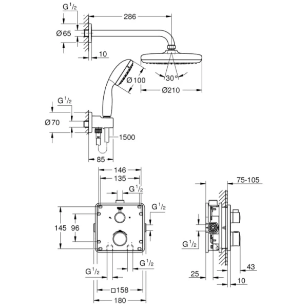 душевой комплект 210 мм grohe grohtherm 34729000