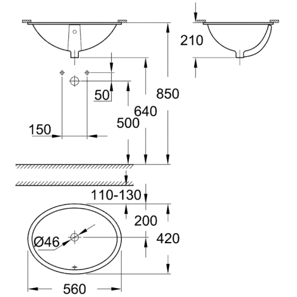 раковина 56x42 см grohe bau ceramic 39423000