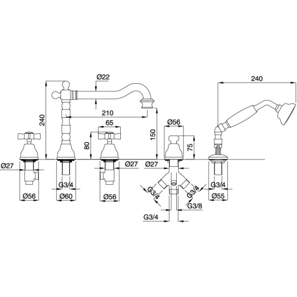 смеситель на борт ванны migliore princeton ml.prn-880.cscr