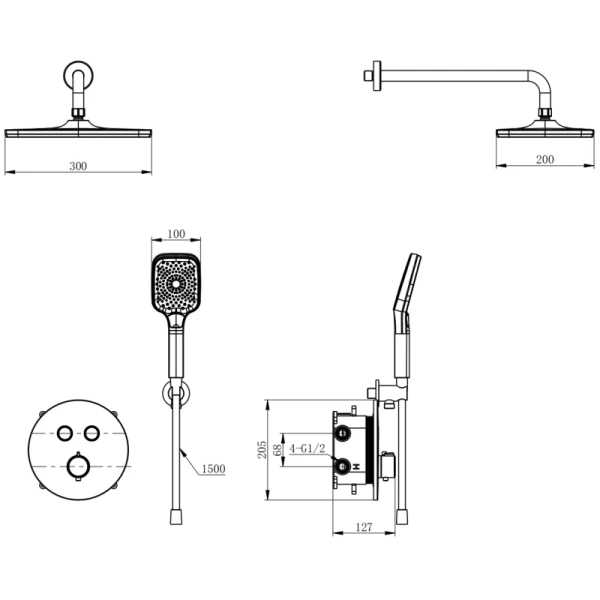 душевой комплект wonzon & woghand ww-d2017-a-mb 300x200 мм, с термостатом, черный матовый