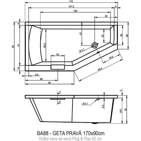 акриловая ванна riho geta 170х90 r b031009005 (bd4800500000000) без гидромассажа