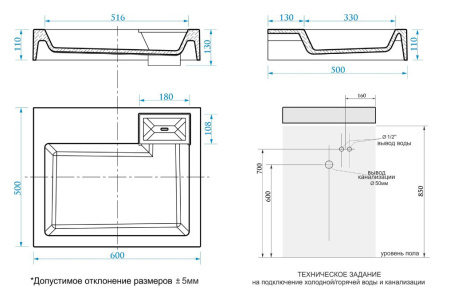 раковина на стиральную машину azario etna cs00078303 60х50 см, белая