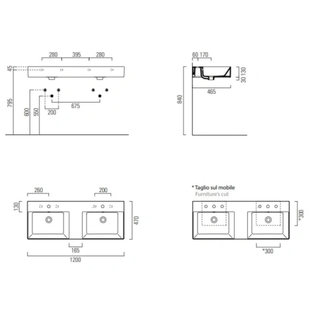 раковина gsi kube x 9425111 подвесная, 120x47 см, bianco lucido (белый глянец)