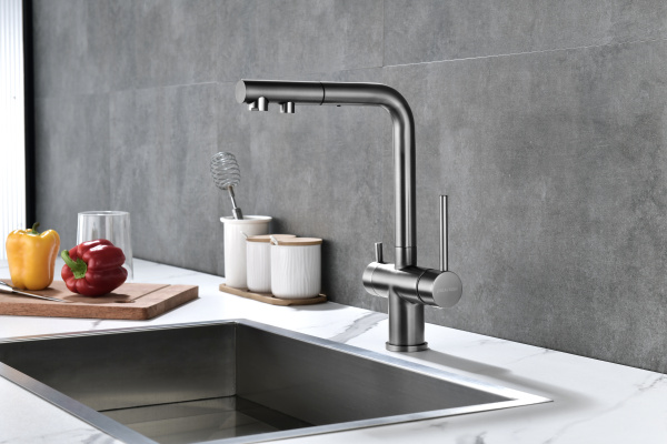 смеситель для кухни с подключением к фильтру paulmark serpentine se213222-gm, цвет вороненая сталь