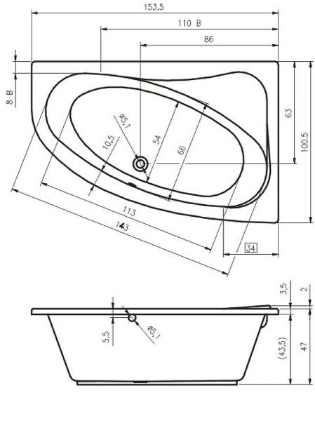 акриловая ванна riho lyra 153x100 b022001005 (ba6800500000000) l без гидромассажа