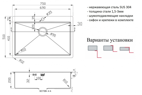 кухонная мойка zorg pvd 7551 grafit