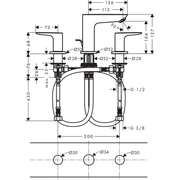 смеситель для раковины на 3 отверстия с донным клапаном hansgrohe talis e 71733000