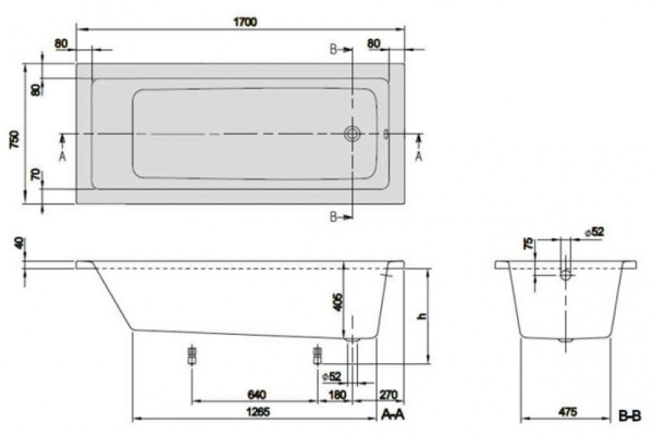 акриловая ванна villeroy & boch targa plus solo uba171nes2v01 170x75 см