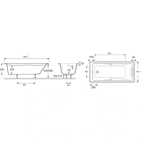 акриловая ванна jacob delafon odeon up e6060ru-00 (gm), отверстиями для ручек, 150х70 см, белая