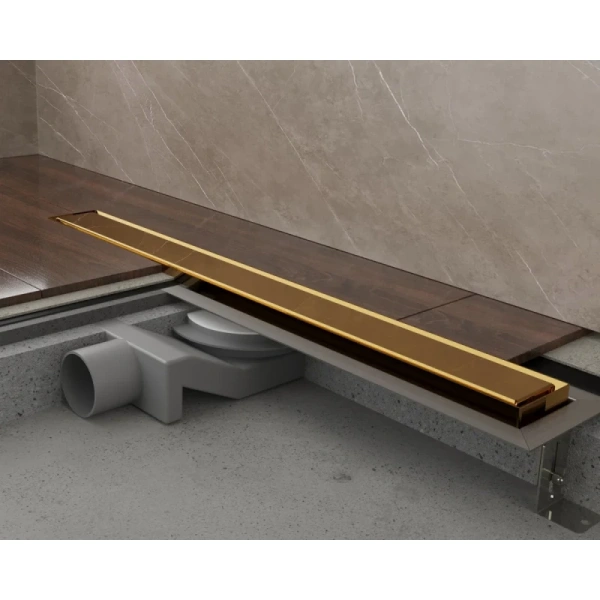 душевой трап (лоток) plumberia selection in-tile pst60or 55,8 см, с решеткой, 2 в 1 под плитку, золотой