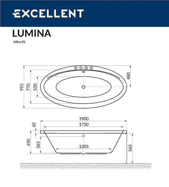 акриловая ванна excellent lumina 190x95 "soft" цвет золото