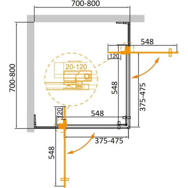 душевой уголок 70-80x70-80 cezares slider-a-2-70/80-grigio-nero серое