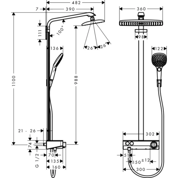 душевая система hansgrohe raindance select e 360 1jet st showerpipe 27288000