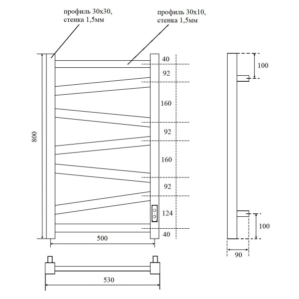 полотенцесушитель электрический point феникс pn15858 п7 500x800, диммер справа цвет хром