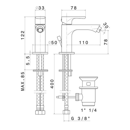 смеситель для биде kerama marazzi ole 69425km.m0.071, с донным клапаном, цвет: золотой атласный