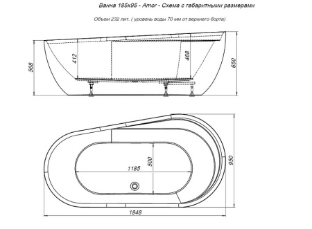 акриловая ванна aquanet amor 185x95 00301379, цвет белый.