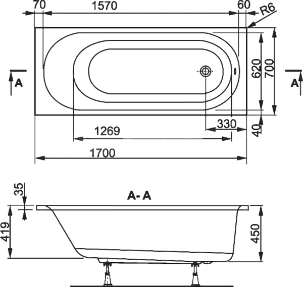 акриловая ванна vagnerplast kasandra vpba177kas2x-04 170x70, цвет белый