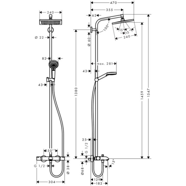 душевая система для ванны с термостатом hansgrohe crometta e 240 1jet showerpipe 27298000