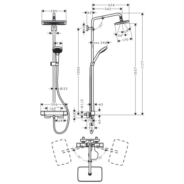 душевая система 280х170 мм hansgrohe croma e showerpipe 27630000