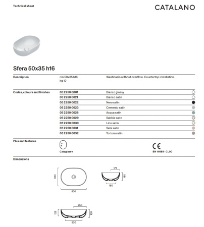 раковина catalano sfera 0522500001 накладная, 50x35 см, белая