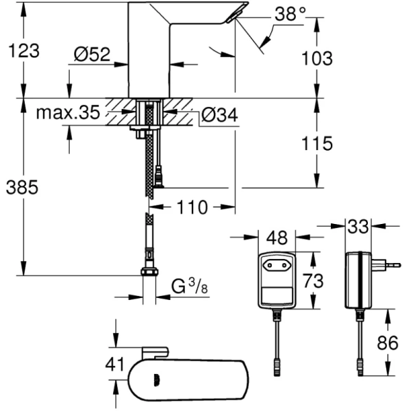 инфракрасная электроника для раковины со смешиванием grohe bau cosmopolitan e 36453000