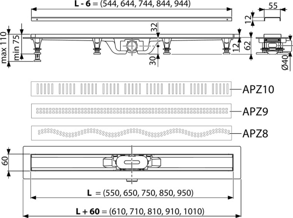 душевой лоток alcaplast apz10-simple 550 с решеткой и опорами