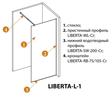 душевая перегородка cezares liberta-l-1-90-120-gr-cr, цвет профиля хром, стекло серое