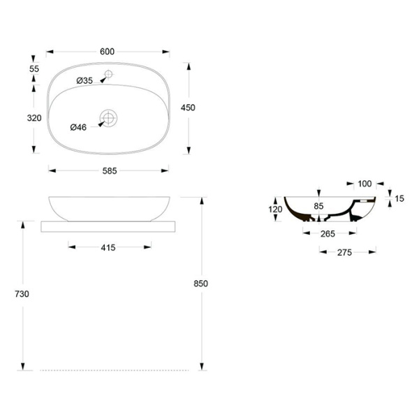 раковина alice form 22460109 накладаная, овальная, aliglaze+, без отверстия под смеситель, 60x45 см, matt white, bianco opaco (белый матовый)