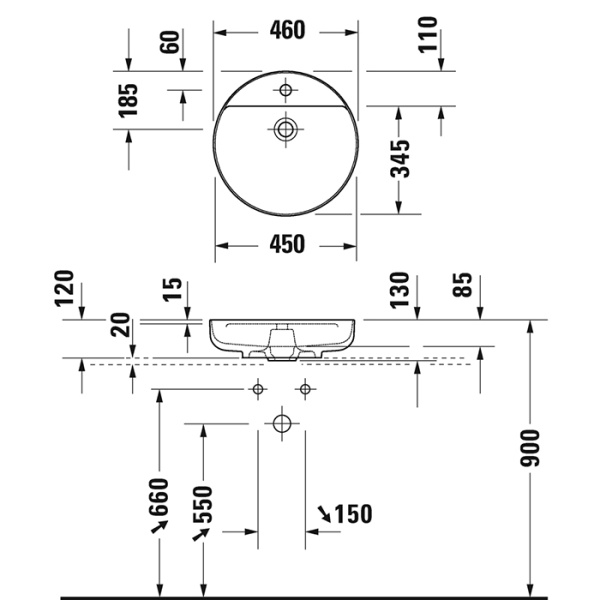 duravit vitrium раковина накладная круглая 460мм, из durocast ultraresist-композит, без перелива с полкой с 1 отв для смес., цвет темно-серый матовый