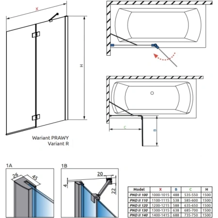 шторка для ванны radaway essenza new pnd ii 140 r прозрачное