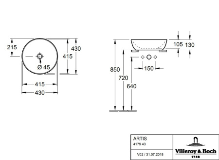 раковина-чаша villeroy&boch artis 43 см 417943rw белый матовый