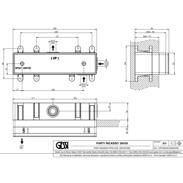 скрытая часть gessi via manzoni 38439#031 для смесителя на 2 выхода цвет хром