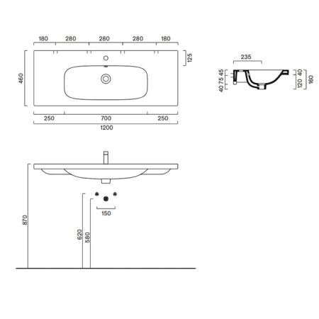 раковина catalano alvea 0621211001 120x46см, с 1 отв., белый глянцевый