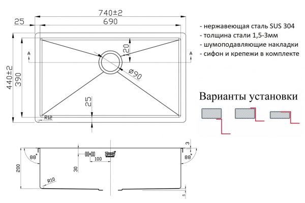 кухонная мойка zorg pvd 7444 grafit