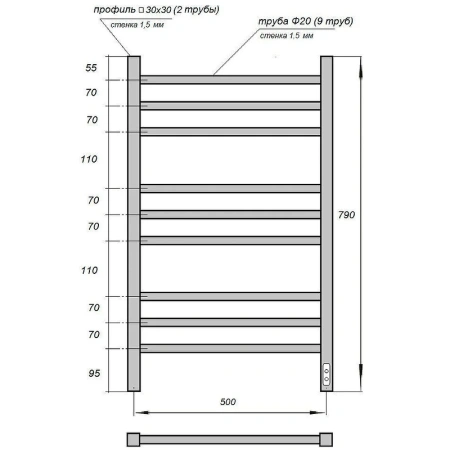 полотенцесушитель point веста п9 pn70858b электрический, диммер справа, 50x79 см, черный