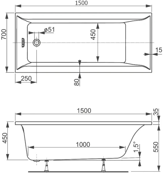 акриловая ванна vagnerplast veronela 150x70 см vpba157vea2x-04, цвет белый