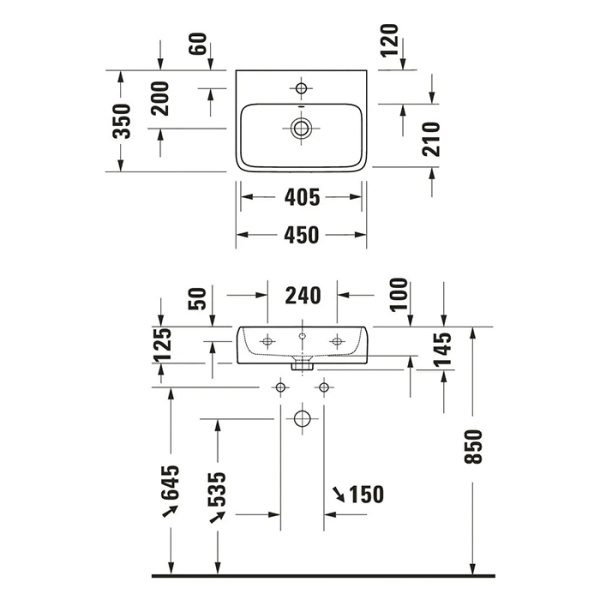 раковина duravit qatego 0746450000 подвесная, 45х35х12.5 см, без отв под смеситель, белая